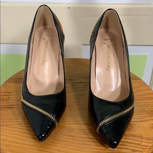 Size 7.5 orange & black zipper pumps high heel patent & suede shoes new w/o tags